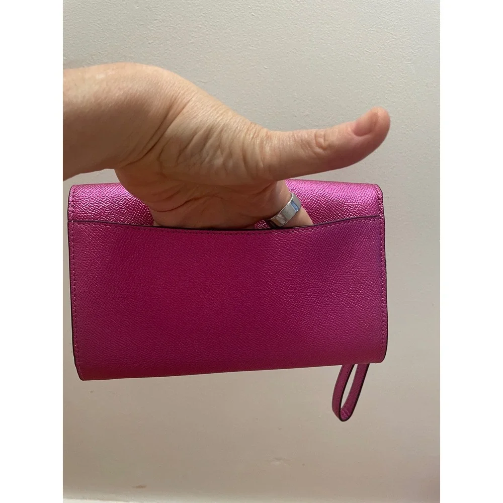 Coach Metallic Raspberry Wristlet Clutch Crossgrain Leather Turn Lock F22828